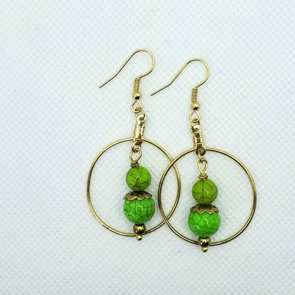 Green Hoop Earrings - Gold